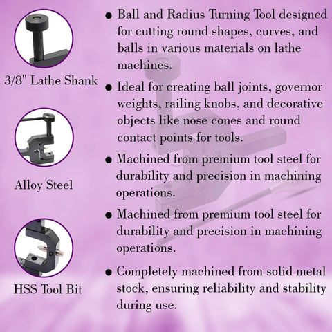 Badass Precision Radius Ball Turning Gear For Bench Lathes With Rock Solid Three Eighth Inch Shank And Heavy Duty High Speed Steel Cutter close-up of tool bit and 3/8 inch shank.