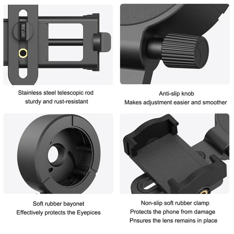 Universal Phone Adapter For Binoculars Monoculars Scopes Telescopes And Microscopes Clip with anti-slip knob and soft rubber bayonet