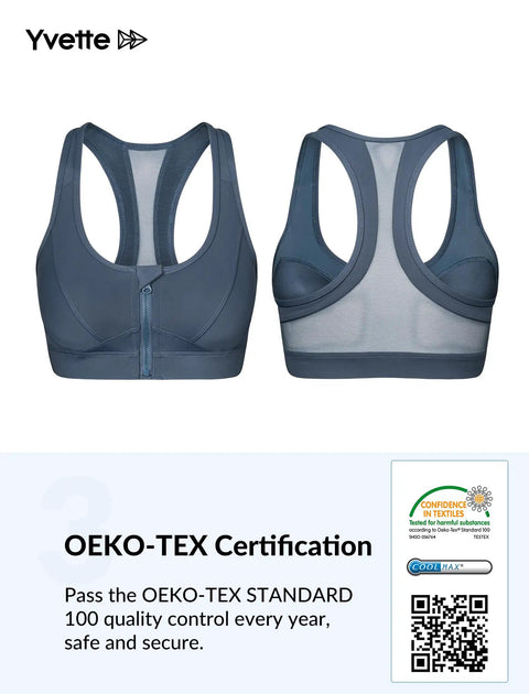 Front and back view of Zip Front High Impact Sports Bra For Gals Plus Size XL Haze Blue Zero Bounce Lockdown Wireless Full Coverage