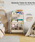 Beige 3 Tier Rolling Cart With Metal On Wheels as a bedside table in a kids' room, featuring toys and storage.