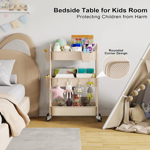 Beige 3 Tier Rolling Cart With Metal On Wheels as a bedside table in a kids' room, featuring toys and storage.