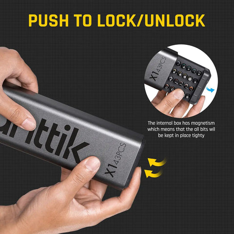 Hands unlocking aluminum case of 43 Piece Screwdriver Bit Set With S2 Steel, Quarter Inch Hex, 25mm And 75mm Bits.