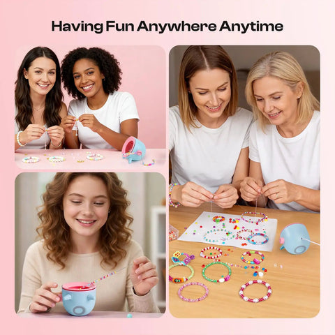 People using Two In One Electric Bead Spinner For Clay And Seed Beads With Adjustable Speed And Rotation, making bracelets and necklaces.