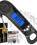 Ultra Fast Digital Meat Thermometer For Cooking Grilling Baking Frying And Candy Making Instant Read In Seconds Dead On Accurate To 2 Degrees Fahrenheit Or Celsius Perfect Kitchen Gadget Gift For Men Women Dad Mom shown with packaging and water resistance feature.