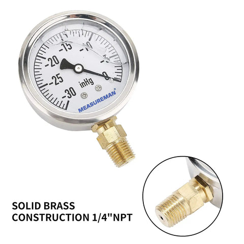 Glycerin Filled Two Point Five Inch Dial Pressure Gauge With Stainless Steel Case And Brass Wetted Parts Lower Mount Quarter Inch NPT