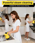 Heavy Duty Handheld Steam Cleaner For Home And Cars Pro Level Multi Surface Vapor Tool in use, cleaning kitchen surfaces.