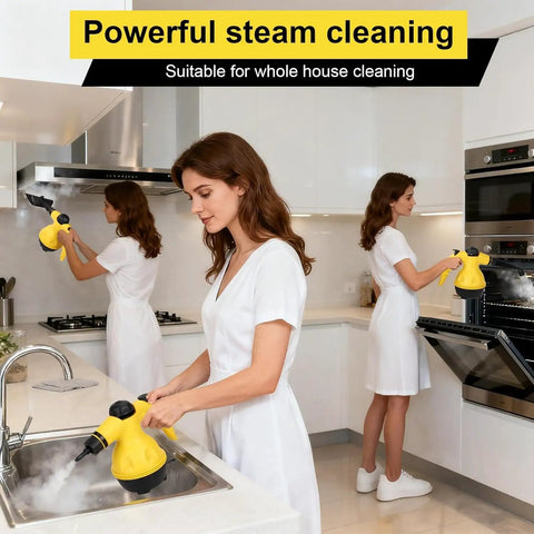 Heavy Duty Handheld Steam Cleaner For Home And Cars Pro Level Multi Surface Vapor Tool in use, cleaning kitchen surfaces.