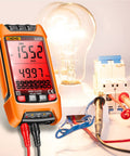 Versatile Digital Multimeter With Auto Ranging And TRMS 9999 Counts measuring AC current beside light bulb and wiring