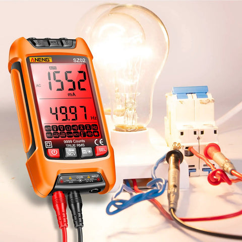 Versatile Digital Multimeter With Auto Ranging And TRMS 9999 Counts measuring AC current beside light bulb and wiring