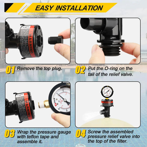 Front view of AetralYB manual pool filter air relief valve with stainless steel pressure gauge, black plastic body