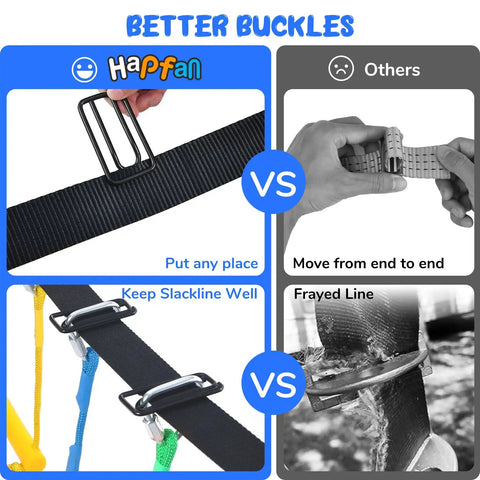 65-Foot Ninja Warrior Obstacle Course For Kids With Swing And 11 Obstacles buckle comparison with slackline fastening