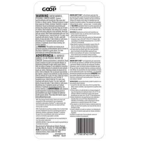 Back view of packaging for Max Adhesive For All Weather Bonding And Sealing On Wood, Metal, Plastic, Ceramic And More, 2.0 Fl Oz