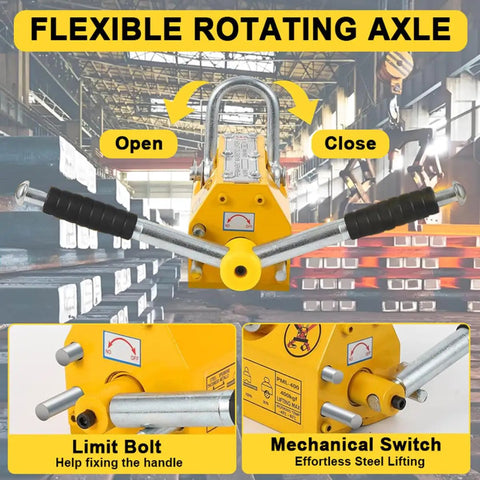 Industrial Grade Permanent Lifting Magnet With Easy Release Lever, Badass Steel Grapple For Shop Cranes And Hoists, No Sweat Handling Up To Two Thousand Kilogram Loads, showcasing flexible rotating axle and mechanical switch.