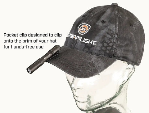 MicroStream USB 250 Lumen EDC LED Flashlight With Rechargeable Battery Red clipped to cap for hands-free use