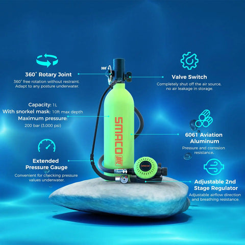 Mini Scuba Tank and Full Face Snorkel Mask Kit 1L Portable Dive Cylinder With Sub Mask Reusable Pony Bottle Pump Included for Snorkeling and Diving Black S400PRO detail view