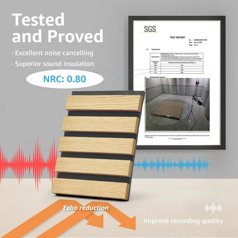 2 Pack Premium Fluted Acoustic Wood Slat Wall Panel For Home Office Noise Cancellation Decor 47.2 By 23.6 Inches Solid Oak shown with test report.