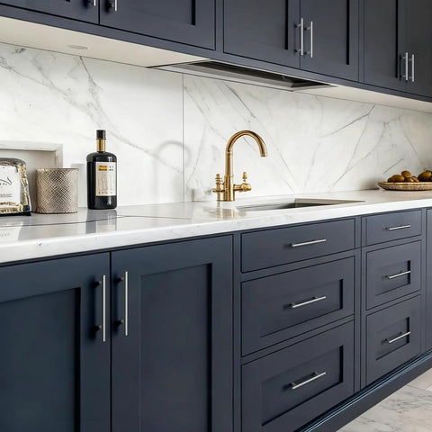 Modern kitchen with 30 Pack 3 Inch Center To Center Brushed Nickel Cabinet Pulls on navy cabinets.