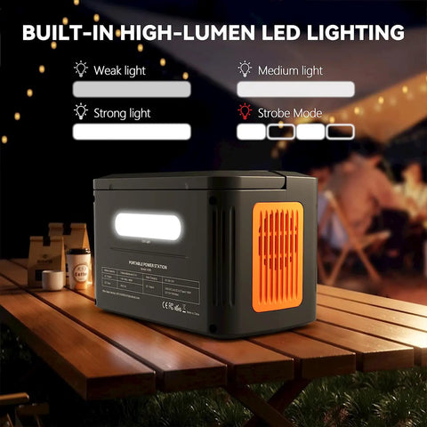 Portable Power Station Solar Generator 260W Continuous 500W Peak with built-in LED lighting on a wooden table.