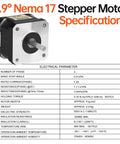 Front view of 0.9° NEMA 17 stepper motor with silver faceplate, black body, and 4-lead cable