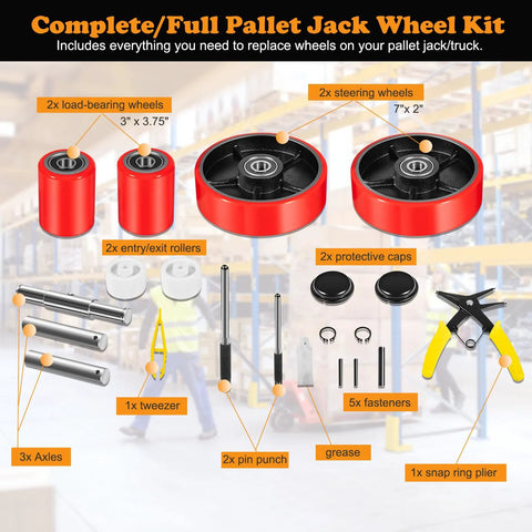 Complete Pallet Jack Wheel Replacement Kit With Dual 7x2 Steering Wheels, Dual 3x3.75 Front Load Rollers, Bearings, and Tools