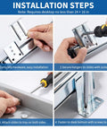 Installation steps for Heavy Duty Steel Under Desk Keyboard Tray Featuring Slick Ball Bearing Glides, showing assembly process.