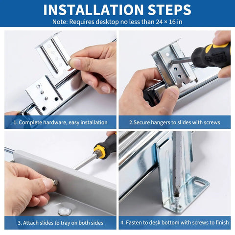 Installation steps for Heavy Duty Steel Under Desk Keyboard Tray Featuring Slick Ball Bearing Glides, showing assembly process.