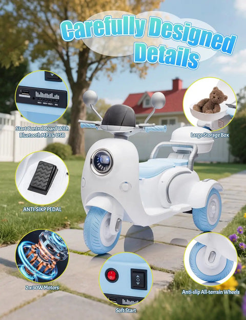 2 Seat Kids Motorcycle Ride On Toy With 12V Dual Motors 3 Wheel Electric Bike For Kids Ages 3 And Up With USB Bluetooth Lights