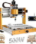 Front view of LUNYEE 3018 PRO MAX CNC router, orange aluminum frame, 500W, 3-axis with control box, 300 x 180 x 80 mm area
