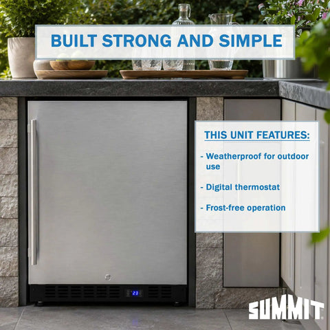 Hella Solid 24 Inch Built In Outdoor All Freezer Featuring True Frost Free Forced Air Cooling Slick Black Cabinet installed outdoors.