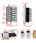 Diagram and measurements of Industrial 6 Port 5/2 Way Pneumatic Solenoid Valve With 24V DC Coil, PT1/4 Inch Ports, fittings, and muffler.