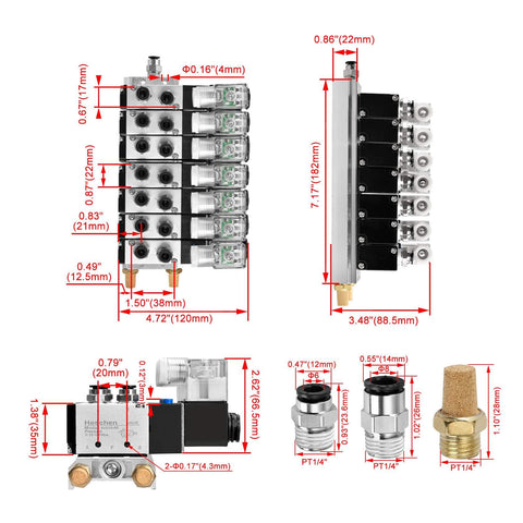Diagram and measurements of Industrial 6 Port 5/2 Way Pneumatic Solenoid Valve With 24V DC Coil, PT1/4 Inch Ports, fittings, and muffler.