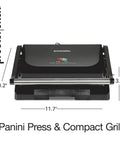 Proctor Silex Panini Press Sandwich Maker With Nonstick Plates For Grilling Burgers Chicken And Veggies Easy Clean Electric Indoor Grill Machine, compact design with measurements.