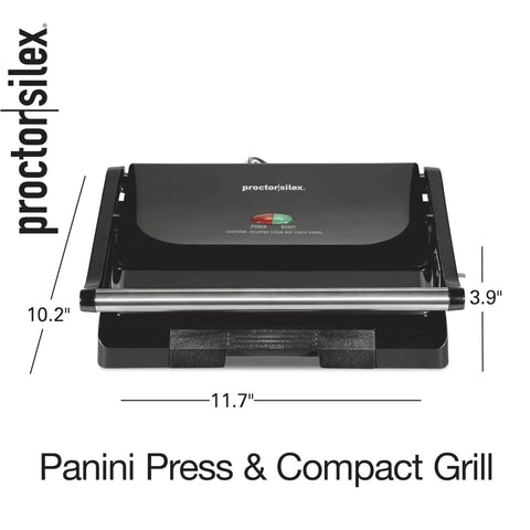 Proctor Silex Panini Press Sandwich Maker With Nonstick Plates For Grilling Burgers Chicken And Veggies Easy Clean Electric Indoor Grill Machine, compact design with measurements.