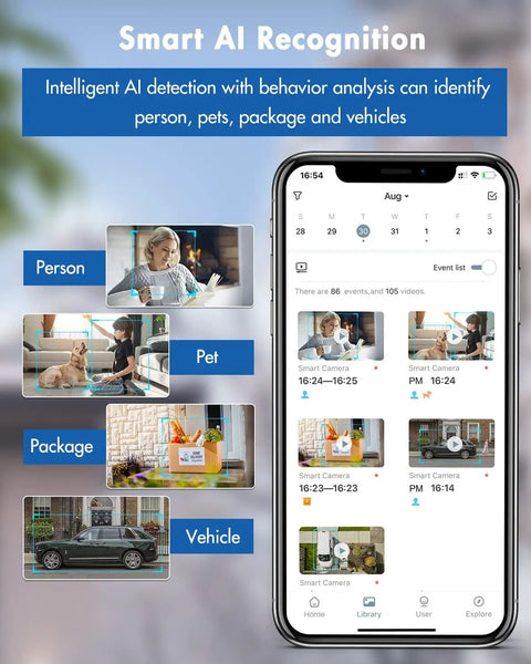 Smart AI recognition on wireless outdoor security camera with 360 degree PTZ battery powered and no wires, detecting person, pet, package, vehicle
