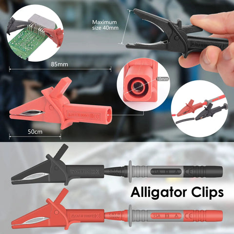 Double Insulated Multimeter Test Lead Kit with 4mm Banana Probes and Alligator Clips shown in red and black