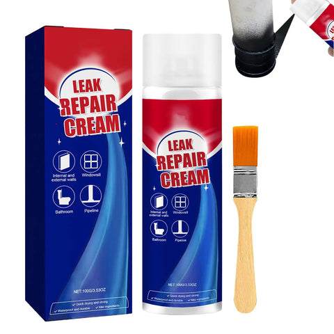 Leak Repair Sealant Cream Set Waterproof Quick Dry Coating For Pipes And Roofs 2 X 100ml No Fuss Rapid 30 Second Seal UV And Rainproof Barrier Easy Apply Leak Sealer For Home And Outdoor Jobs, showing packaging, cream tube, and brush.