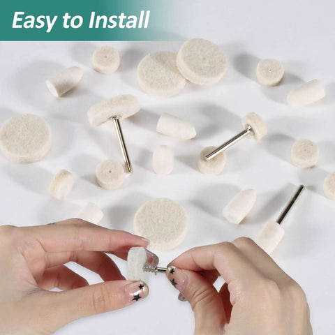 145 piece wool felt polishing pads and buffing bits kit with one eighth inch mandrel shank for Dremel, easy to install