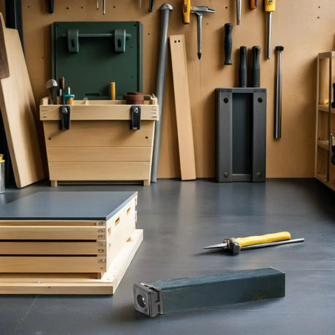 Workbench with tools and a metal square tube, resembling components for Plastic Tube End Caps And Adjustable Furniture Feet Pads Kit 12 Pieces