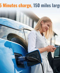 Knockout 2025 Nacs To Ccs1 Evolution Adapter connecting to EV in blue, with person using phone, fast charge setup.