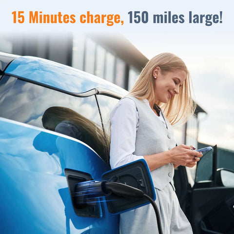 Knockout 2025 Nacs To Ccs1 Evolution Adapter connecting to EV in blue, with person using phone, fast charge setup.