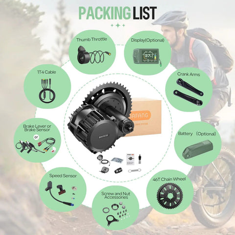 Mid Drive Ebike Motor Kit 1000W 48V 52V CAN Bus With LCD Display USB Programmable packed with components shown