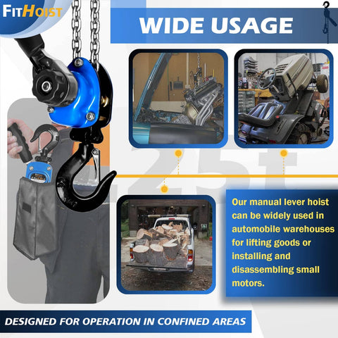 Beefy Mini Chain Hoist 1/4 Ton Rated 550 Lb 5 Ft Lift Manual Lever Hoist With images of use in garages and shops