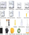 Three Step DIY Friendly Countertop Makeover Kit with tools and materials for application, showing epoxy resin and paint accessories.