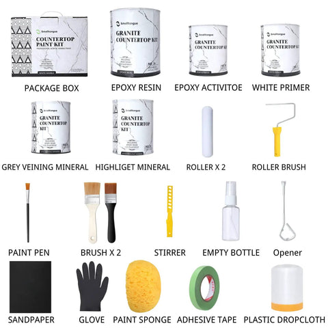 Three Step DIY Friendly Countertop Makeover Kit with tools and materials for application, showing epoxy resin and paint accessories.