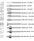 Top Tier 10 Piece Carbide Router Bit Set With One Eighth Inch Shank For Rotary Tools, showing various cutters and diameters.