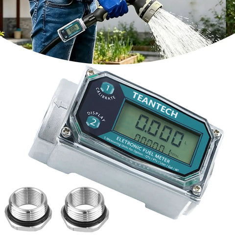 Dope Fuel Flow Meter With One Inch Inlet And Three Quarter Inch Adapters, Real Time LCD Readout, Accurate To One Percent, Cumulative Flow Counter, Instant Readouts, Easy Inline Installation For Gas Systems, close-up with adapters