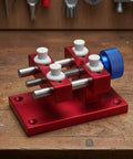Heavy Duty Aluminum Work Holder With Sliding Clamps And Anodized Finish, Rock Solid Metal Holding Seat For Precise Parts, Adjustable Tightening Screw With Blue Knurled Knob, A Must Have Workshop Clamping Fixture, red aluminum bench vise with sliding clamps
