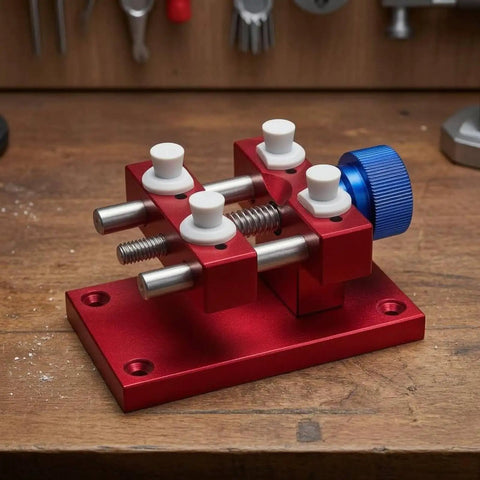 Heavy Duty Aluminum Work Holder With Sliding Clamps And Anodized Finish, Rock Solid Metal Holding Seat For Precise Parts, Adjustable Tightening Screw With Blue Knurled Knob, A Must Have Workshop Clamping Fixture, red aluminum bench vise with sliding clamps