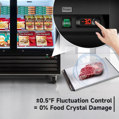 Heavy Duty Commercial Reach In Display Freezer With Two Swing Tempered Glass Doors Black 44 Point 7 Cubic Feet And Digital Controller showing digital controls and meat.