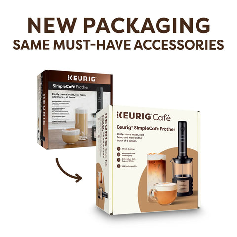 Packaging of SimpleCafe Rechargeable Handheld Milk Frother For Lattes Cappuccinos And Iced Coffee USB Cord Included Microwave Safe Frothing Cup Hot And Cold Foam Maker For Rich Silky Foam In Seconds with new design.